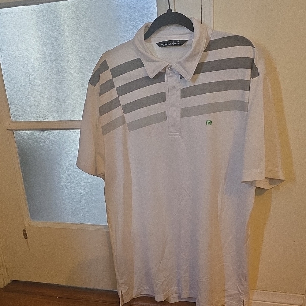 Travis Mathew White and Gray Striped Polo Shirt